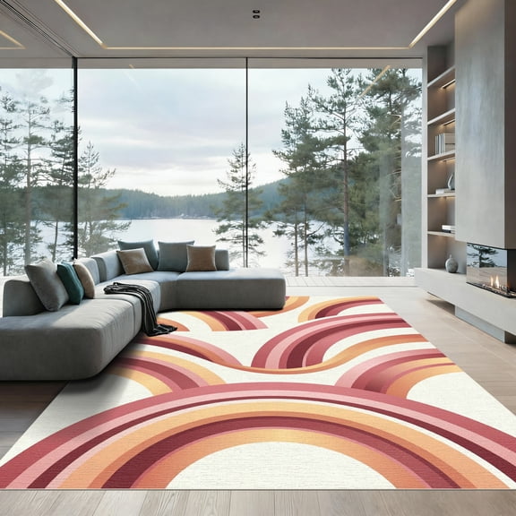 ODIKA 4'x6' Machine Washable Non-Slip Area Rug, 70s Peach High Traffic Rug, Pink, 1253424