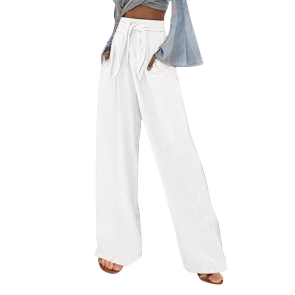 Amtdh Women's Solid Color Cotton Linen Pants Beach Long Palazzo Pants Lightweight Pants Lady Work Casual Lounge Trousers Comfy Jogging Flowy Going out Pants White S