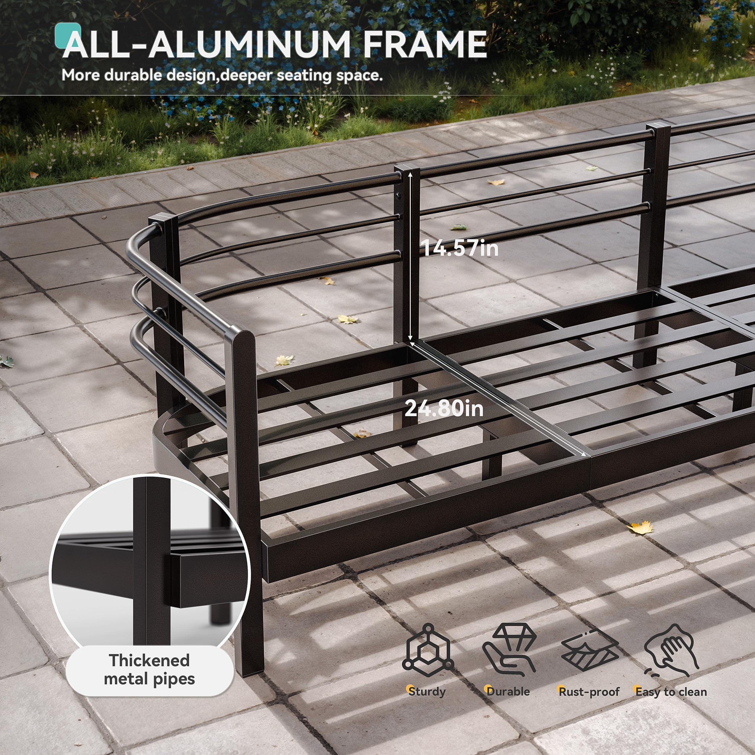 ALAULM Aluminum Patio Furniture Set 8 Pieces,Metal Outdoor Furniture with Modular Coffee Table,HDPE Rope Sectional Conversation Set w/5.9" Thick Cushions for Deck,Porch,Backyard