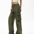 thumbnail image 6 of Cargo Pants for Women with Deep Side Pockets, Pull Rope Elastic Waist, Breathable Workout Trousers, Full Length Casual Joggers, Solid Color Activewear for Gym Hiking Travel, Fitness Gifts for Women, 6 of 8