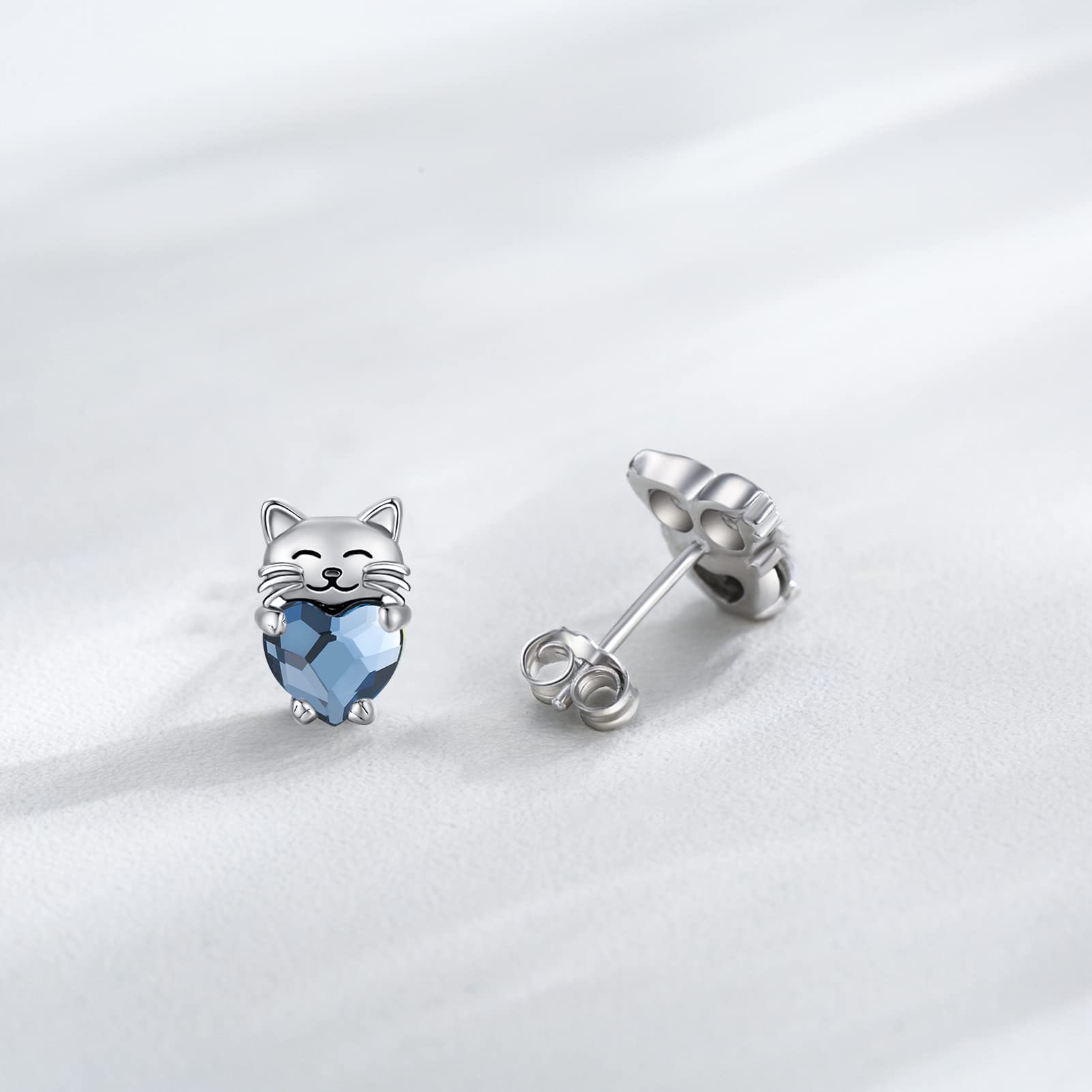 Midir&Etain Cat Love Earrings 925 Sterling Silver Cat Earrings Cute Animal Little Cat Earrings Cat Jewelry Gifts Women's Allergic Earrings Suitable for Sensitive Ears（Blue）