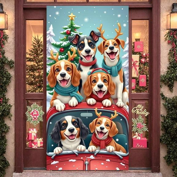 Dog Themed Christmas Banner Red Truck Design Xmas Backdrop Snowy Scene Santa Hat Winter Background for Christmas Party Family Gathering Holiday Celebration