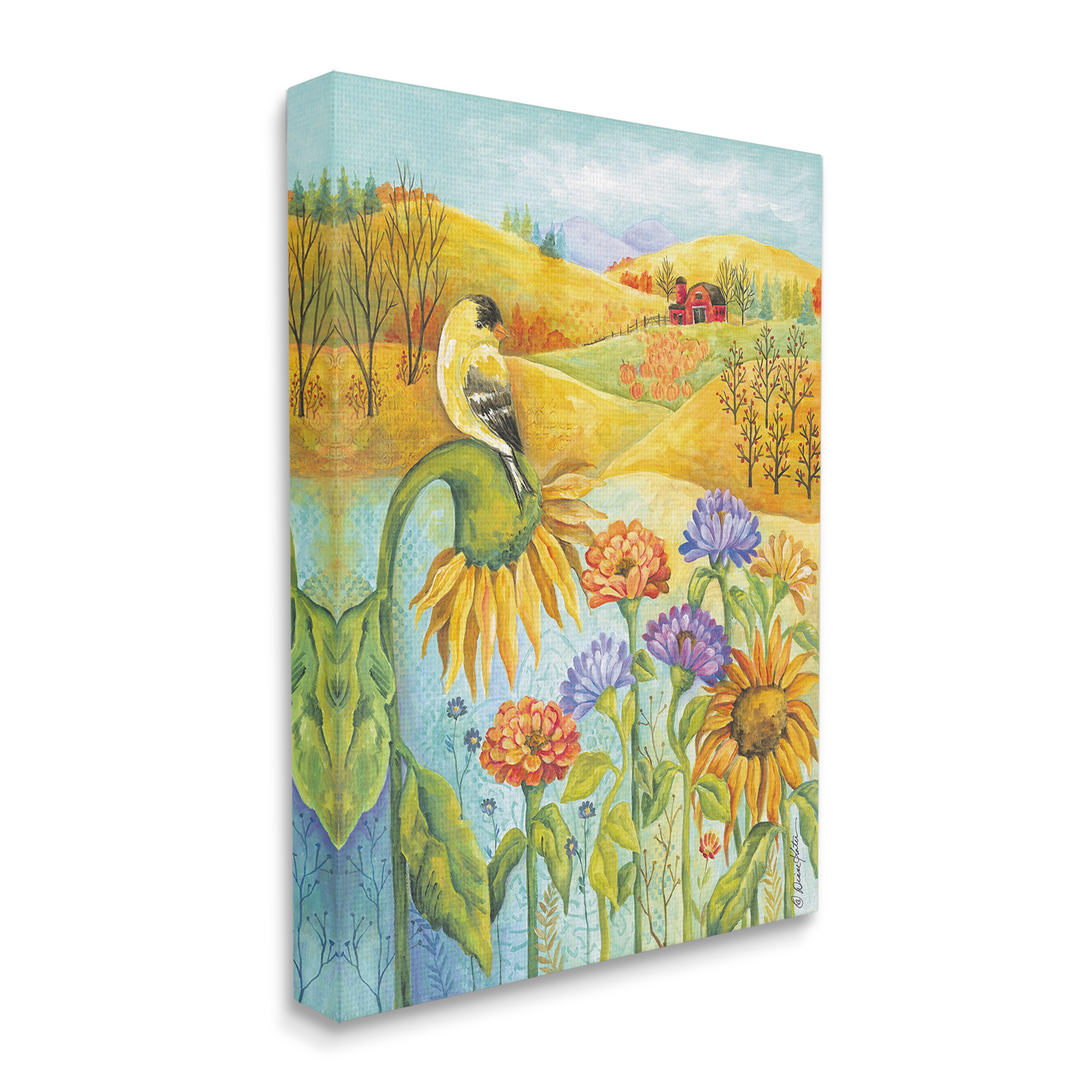 Stupell Industries Bird Perched at Farm Botanical & Floral Painting Gallery Wrapped Canvas Art Print Wall Art, 24 x 30