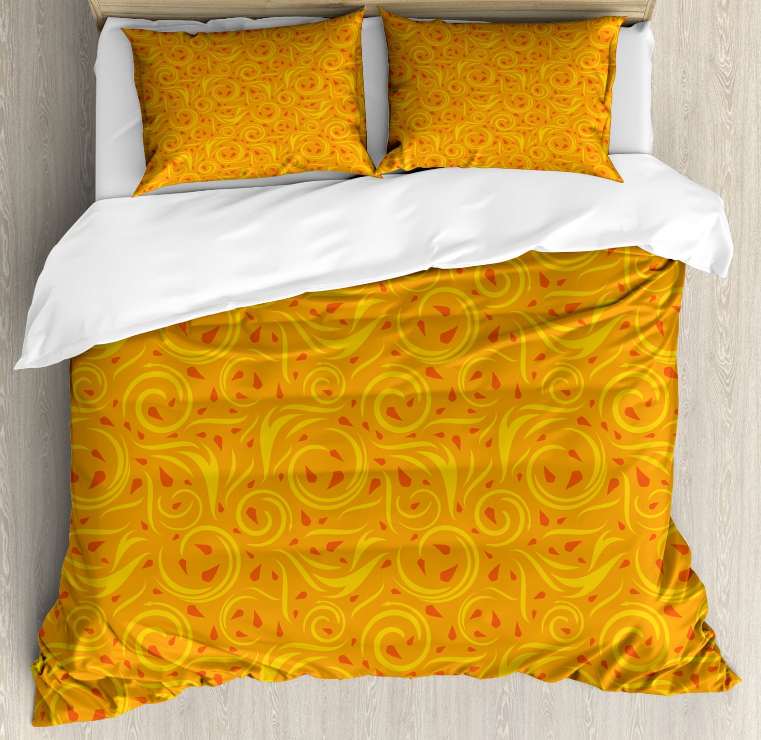 Orange King Size Duvet Cover Set, Swirling Spiral Leaves in Abstract