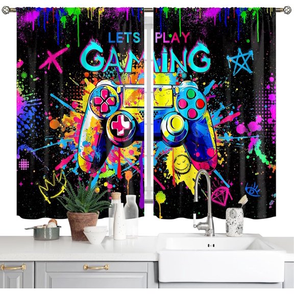 Video Games Kitchen Curtains 2 Panels Colorful Game Gamepad Short Cafe Curtains Decor for Dining Room Bedroom Bathroom Tier Curtains Over Sink Rod Pocket Window Drapes Treatment Decor 26x36 Inch
