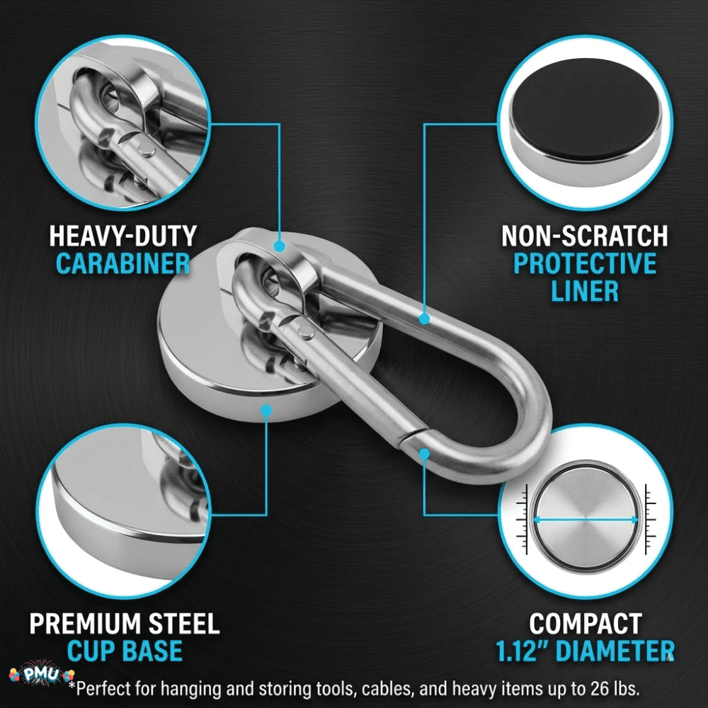 PMU 24 Pcs Strong Magnetic Hook with Swivel Carabiner Clip – Heavy Duty Magnet Hook Holds Up to 26 Lbs for Locker, Cruise Cabin, Home, Office, Refrigerator & Garage Use