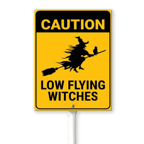 Eveokoki Halloween Yard Sign Caution Low Flying Witches Decorations Yard Signs Decorative Garden Stakes Aluminum Outdoor Lawn Signs for Halloween Party Yard Lawn Garden Decorations