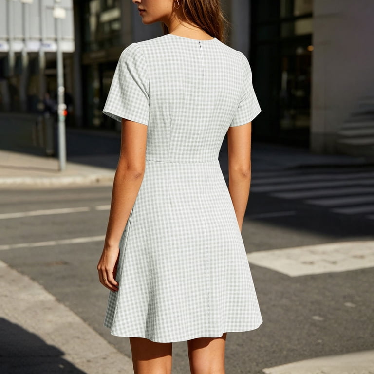 walmart short summer dresses ZToonmas Summer Dresses for Women Wrap V Neck Short Sleeve Mini Dress  Gingham Plaid Print High Waist A-Line Flowy Casual Summer Sundress