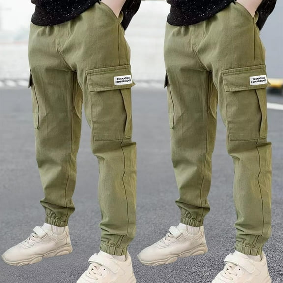 Cargo Pants for Boys with Pockets 2 Pack Cotton Jogging Trousers 3-14 Years Teens Kids Multipack Casual Solid Elastic Waist Tapered Leg Pant