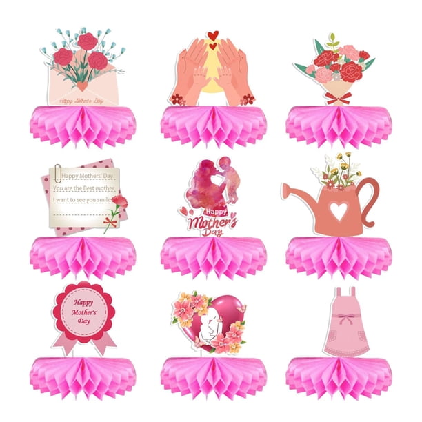 9 piezas Día de la madre Centros de mesa de panal adornos de escritorio decoración de fiestas Toppers para el escritorio del festival de celebración
