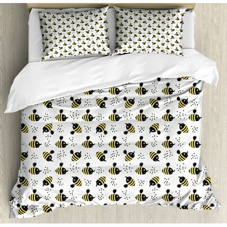 Kids Duvet Cover Set King Size, Honey Bees Pattern Childish Flying Mascots Comic Joyful Animals Baby Cartoon, Decorative 3 Piece Bedding Set with 2 Pillow Shams, Black Yellow White, by Ambesonne