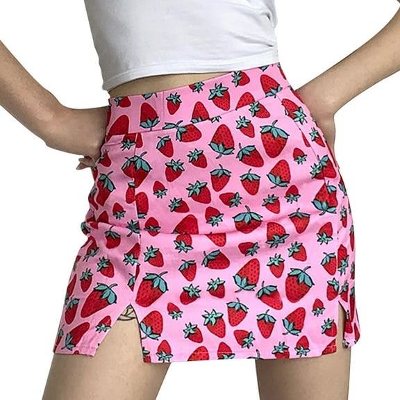 Tiqkatyck Skirts for Women, Women's Slim Strawberry Printing High Waist Bag Hips Girls Split Skirt Long Skirt Pink