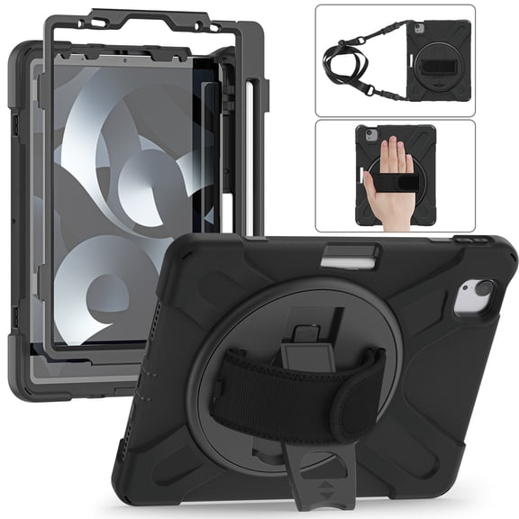 Dteck Case for iPad Air 11 Inch 2024, Military Grade Silicone Protective Cover for iPad Air 5th/4th Gen / Pro 11 2022 with Pencil Holder,Rotating Hand Strap & Stand & Shoulde Strap,Black