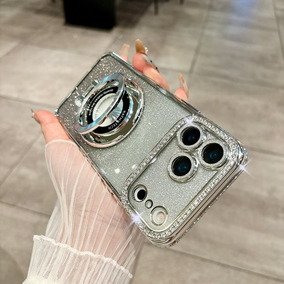 Support Pailleté Compatible avec Étui Magsafe pour iPhone 17, Étui de Luxe Bling Scintillant en Strass Diamant avec Anneau, Placage, Pare-Chocs TPU Mince pour Femmes et Filles pour iPhone 17, Argent