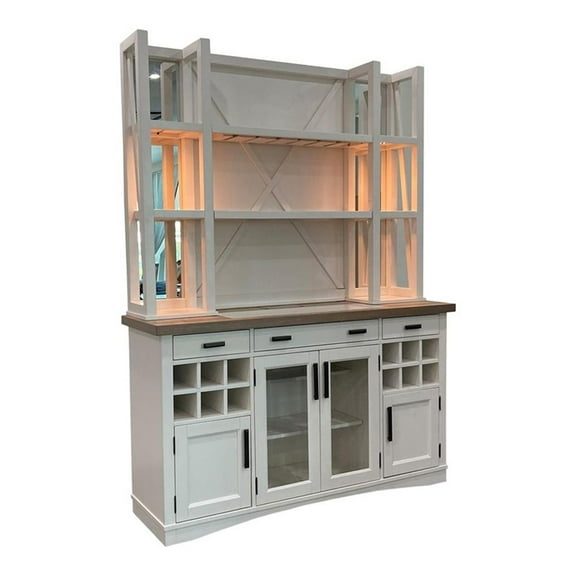 Pemberly Row Modern Wood Buffet with Open Display Hutch in White