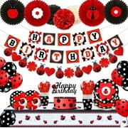 Hombae Ladybug Birthday Party Decorations, Cute Lady Bug Birthday Decorations, Ladybird Theme Balloon Happy Birthday Banner Plates Napkins Cups Forks Knifes Spoons Cake Topper Paper Fans Red Black MS