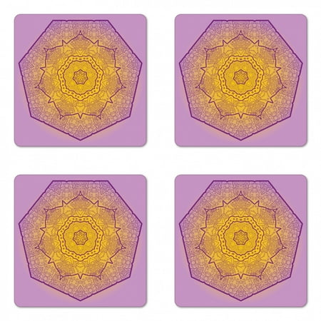 

Mandala Coaster Set of 4 Oriental Heptagon with Floral Elements and Curlicues Ombre Effect Square Hardboard Gloss Coasters Standard Size Earth Yellow Lavender by Ambesonne