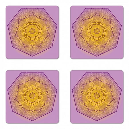 

Mandala Coaster Set of 4 Oriental Heptagon with Floral Elements and Curlicues Ombre Effect Square Hardboard Gloss Coasters Standard Size Earth Yellow Lavender by Ambesonne