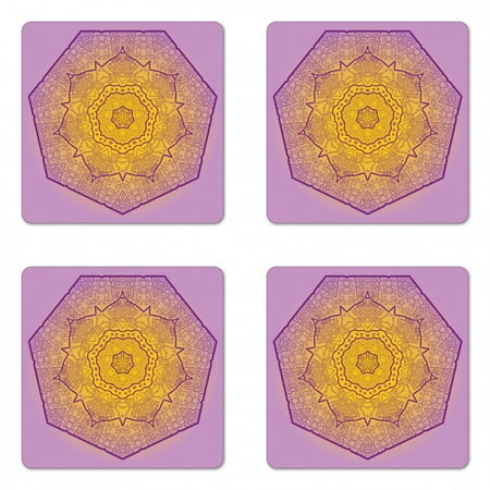 

Mandala Coaster Set of 4 Oriental Heptagon with Floral Elements and Curlicues Ombre Effect Square Hardboard Gloss Coasters Standard Size Earth Yellow Lavender by Ambesonne