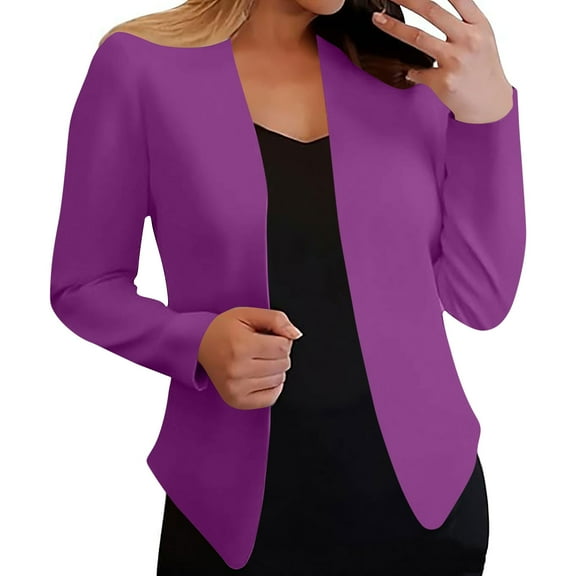 Blazer for Women Open Front Cropped Elegant Button Down Cardigan Loose Business Office Jacket Casual Long Sleeve Work Notched Lapel Purple L