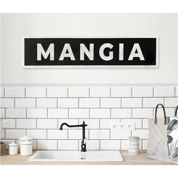 Mangia Sign- Black- Horiz- Italian Chef, Italian Kitchen Wood Sign Wooden Signs with Sayings 16x6 Inch, ZXX-A156