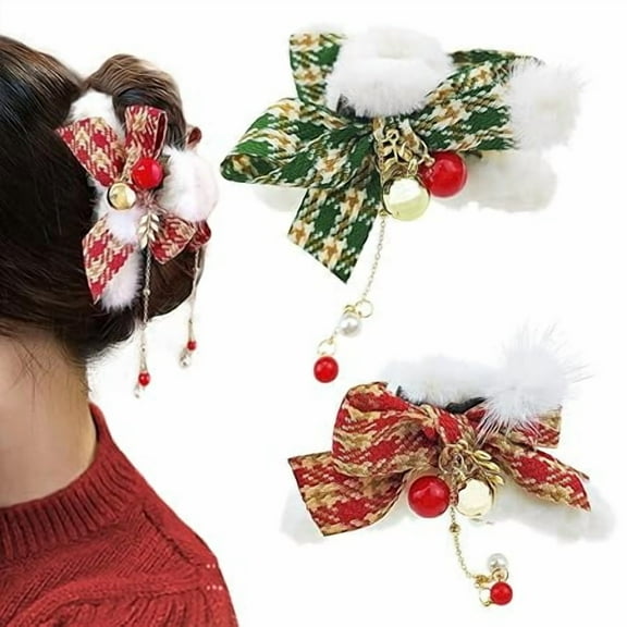 Yoyauz Plush hair clip with tassel, Christmas plaid bow hair clip non-slip claw clip with bell ladies Christmas hair claw