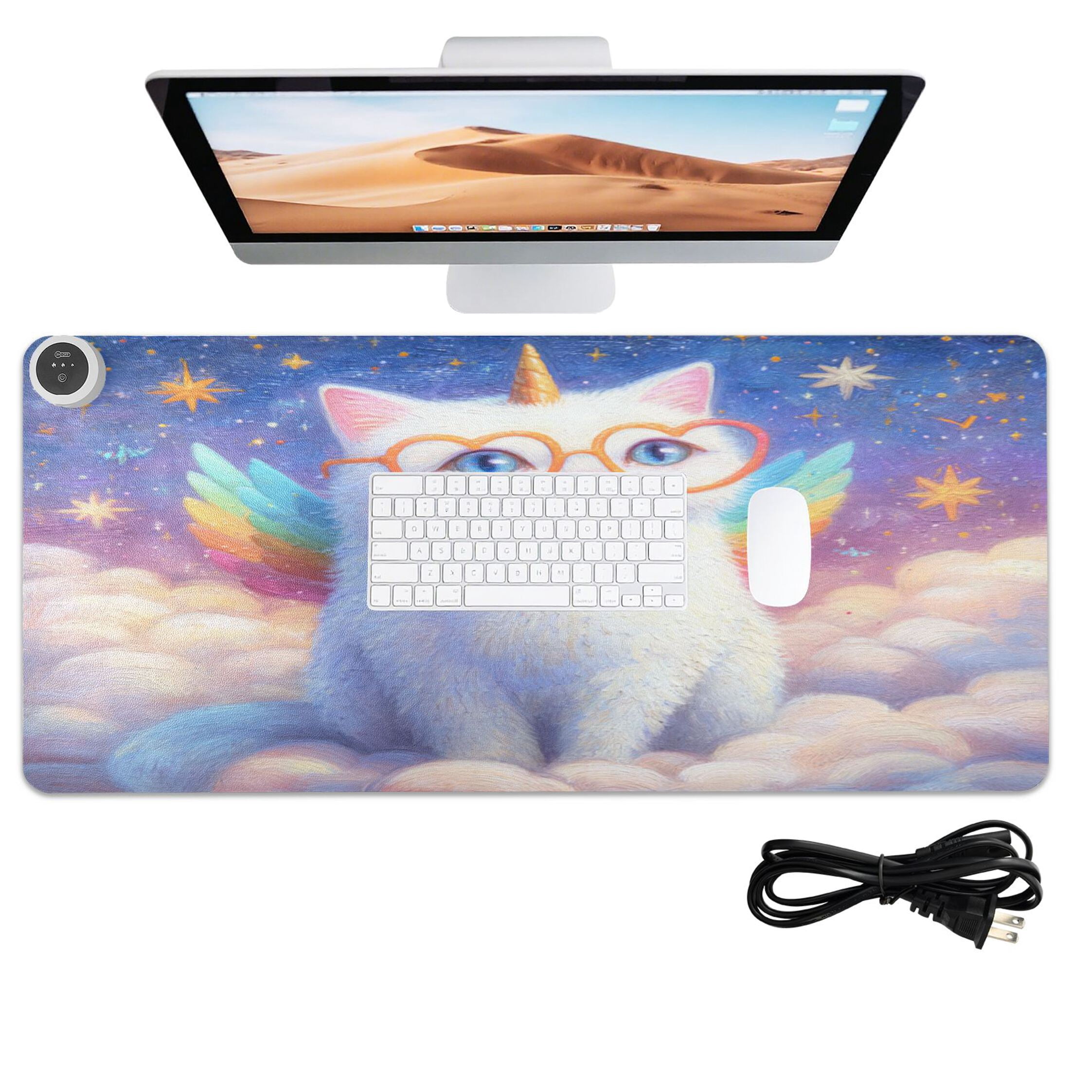 Large Heated Desk Mat Mouse Pad 31.5"x13"PU Leather Graphene Heating Desk Warmer with 3 Temperature Settings 110V US Plug Non-Slip Warm Pad for Home, Office, and Gaming Galaxy Unicorn Kitten Print