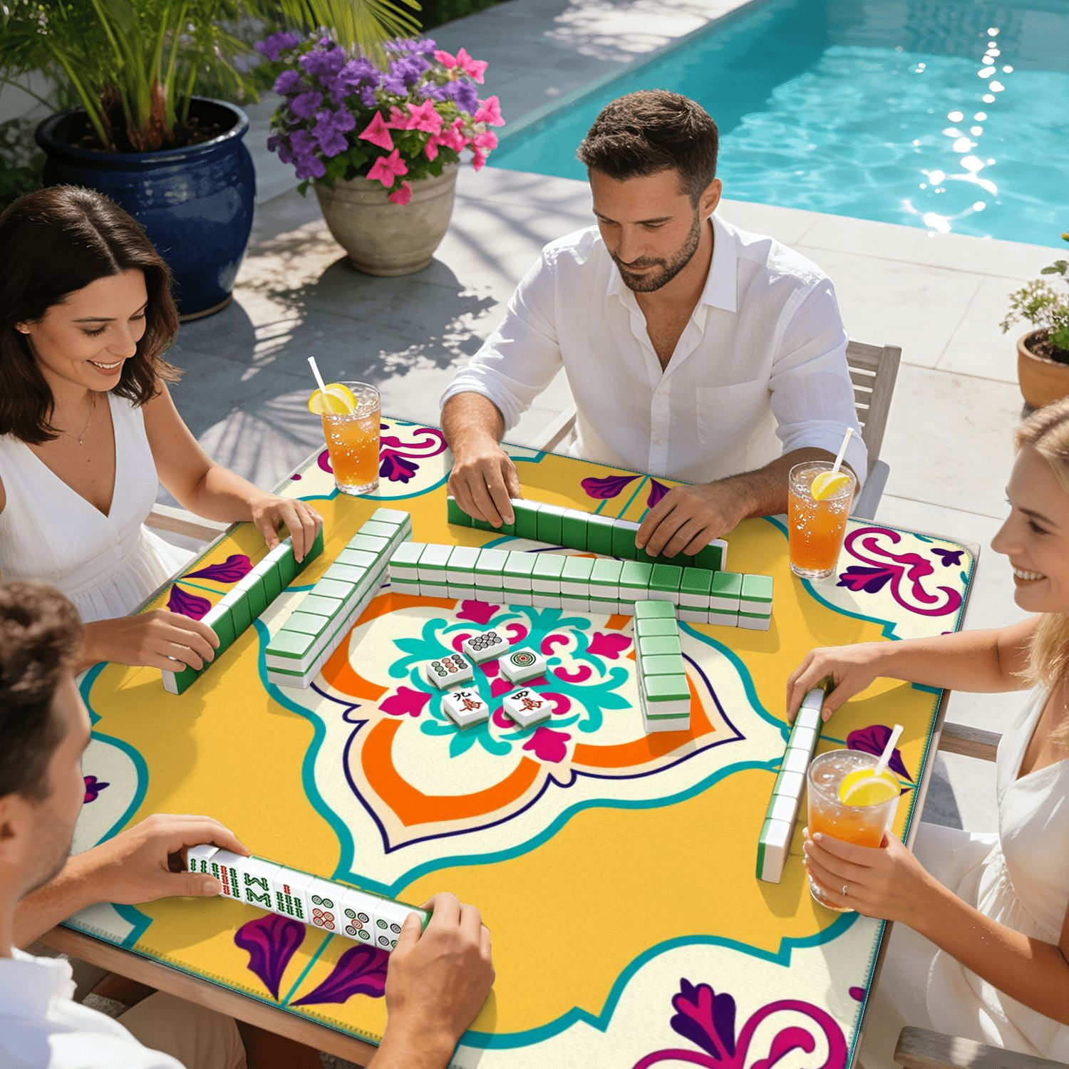 Mahjong Mat 31.5" x 31.5" Ornamental Moroccan Tile Teal Orange Magenta Floral Geometric Motif Non-Slip Noise Reduction American Mahjong Tiles Table Cover for Dominoes Poker Card Board Games Gift