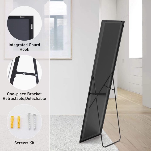 Kadyn Mirror Full Length, 16" x 59" Floor Mirror with Stand, Aluminum Alloy Frame Full Body Mirror, Standing Hanging or Leaning Against Wall for Bedroom and Living Room, Black-rect Kadyn Mirror Full Length, 16" x 59" Floor Mirror with Stand, Aluminum Alloy Frame Full Body Mirror, Standing Hanging or Leaning Against Wall for Bedroom and Living Room, Black-rect