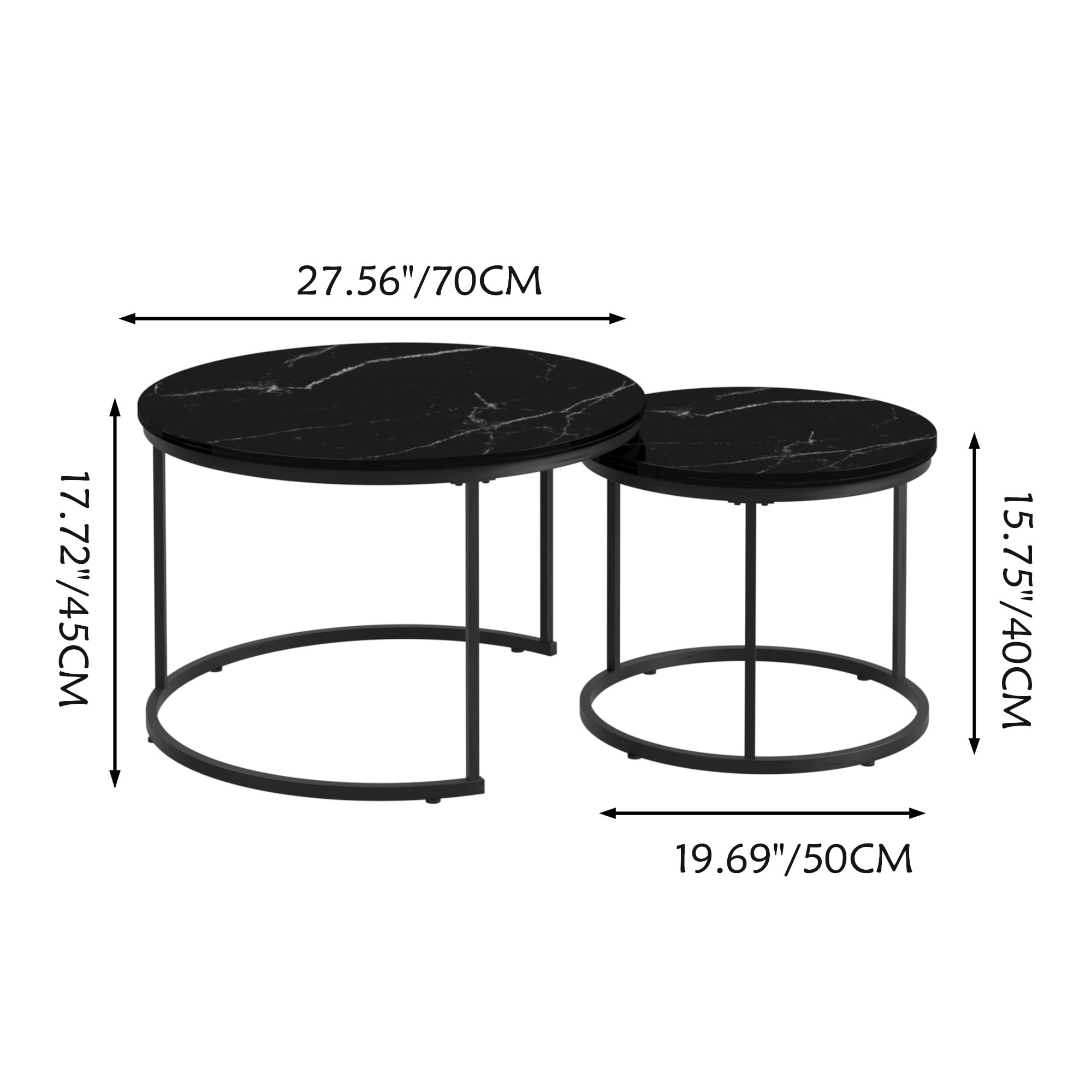 PORKISS Round Coffee Table Set of 2, 27.56" Nesting Center Tables for Living Room, 2-Piece Side Tables with Metal Frame for Living Room Home Office, Black