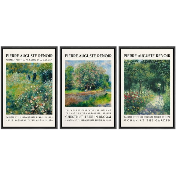 IDEA4WALL Framed Canvas Print Wall Art Set of 3 Renoir Watercolor Pastel Botanical Print Fine Art Retro Vintage Wall Decor Antique Countyside Prints Artwork for Room Decor -