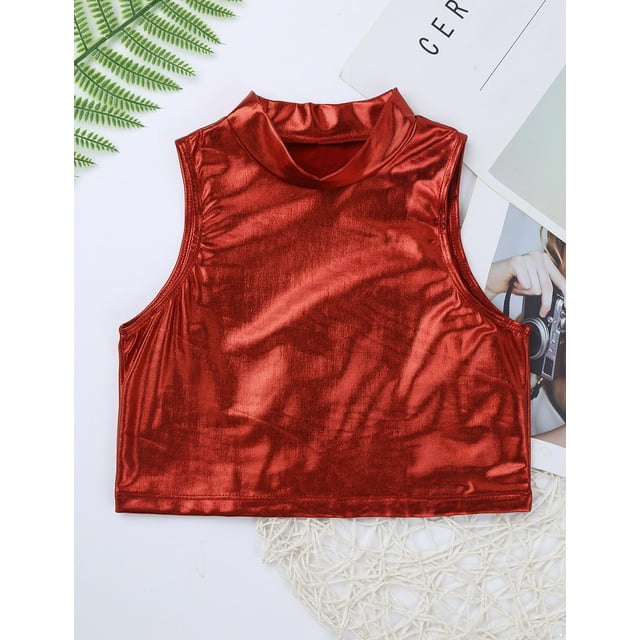 iixpin Kids Girls Metallic Sleeveless Crop Tank Tops for Ballet Dance Stage Performance Workout Red 16