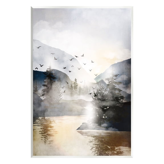 Stupell Flying Birds Mountain Lake View Landscape Painting Wall Plaque Unframed Art Print Wall Art