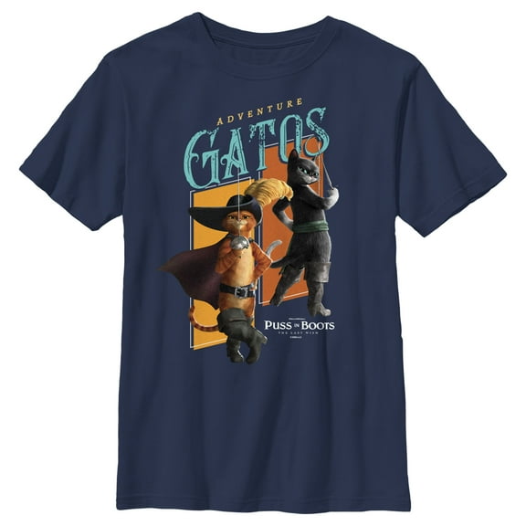 Boy's Puss in Boots: The Last Wish Adventure Gatos Graphic Tee Navy Blue Small