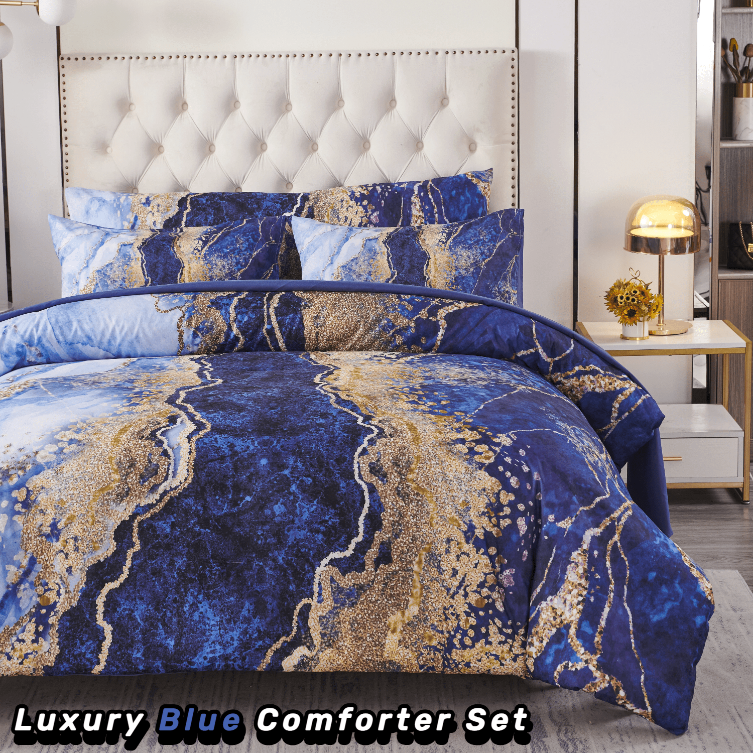 PERFEMET 6-Piece Light Blue King Size Comforter Set,Watercolor Marble Printed Bed in a Bag Set,Retro Artwork Style Bedding Set for Women Men