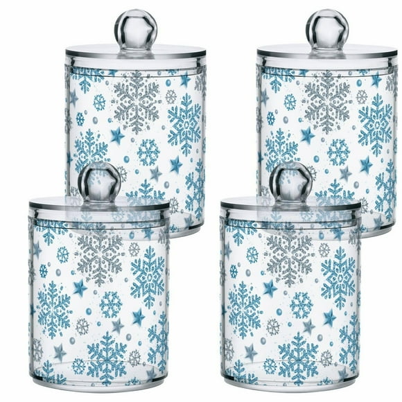 Snowflake Sparkle Qtip Holder Set - 4 Pack Silver Blue Glitter Apothecary Jars with Lids for Bathroom Vanity Storage - Cotton Ball, Swabs, Pads, Floss Organizer