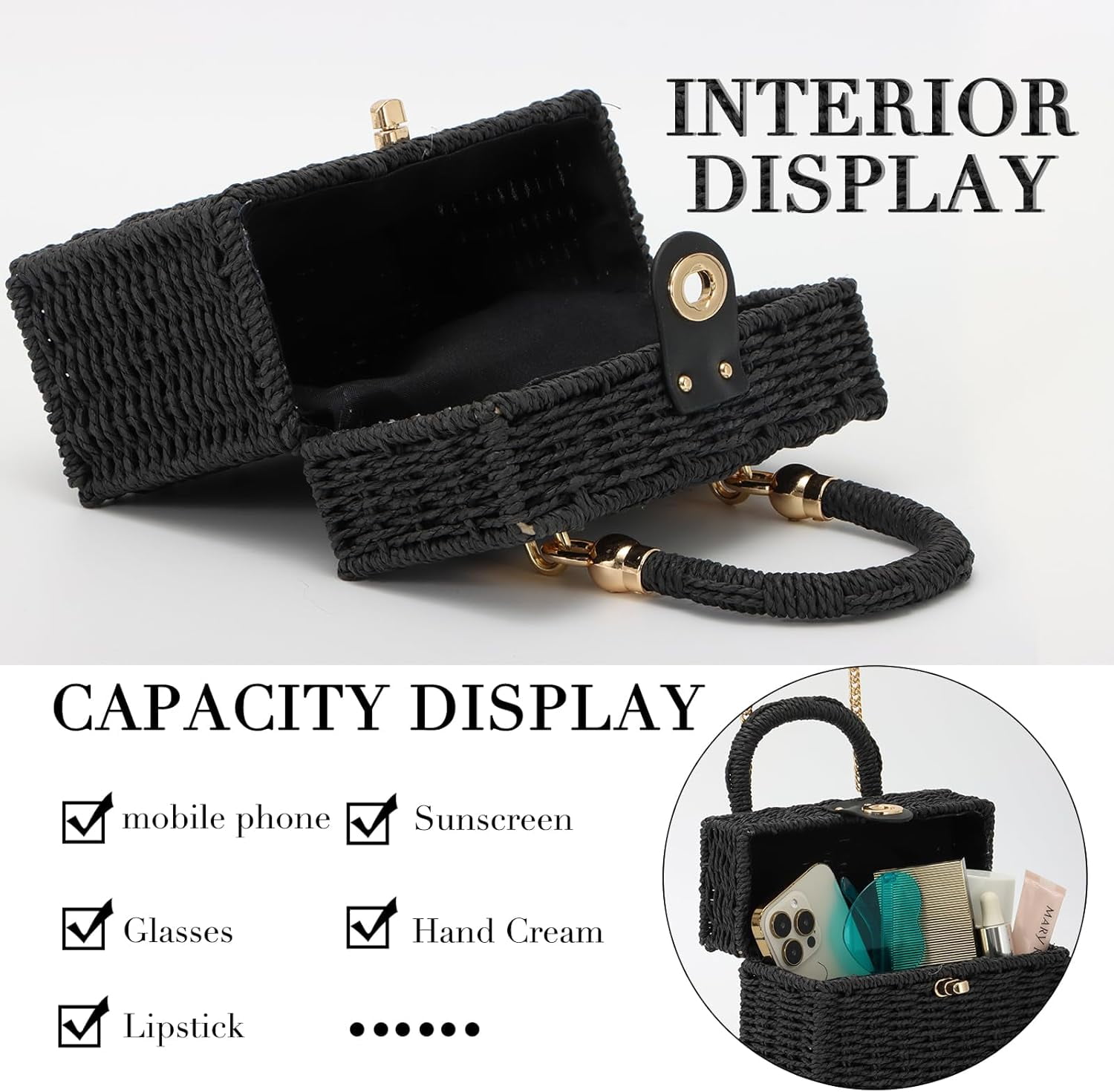 Women Handwoven Rattan Handbag Beach Straw Tote Bag Square Boho Crossbody Bag