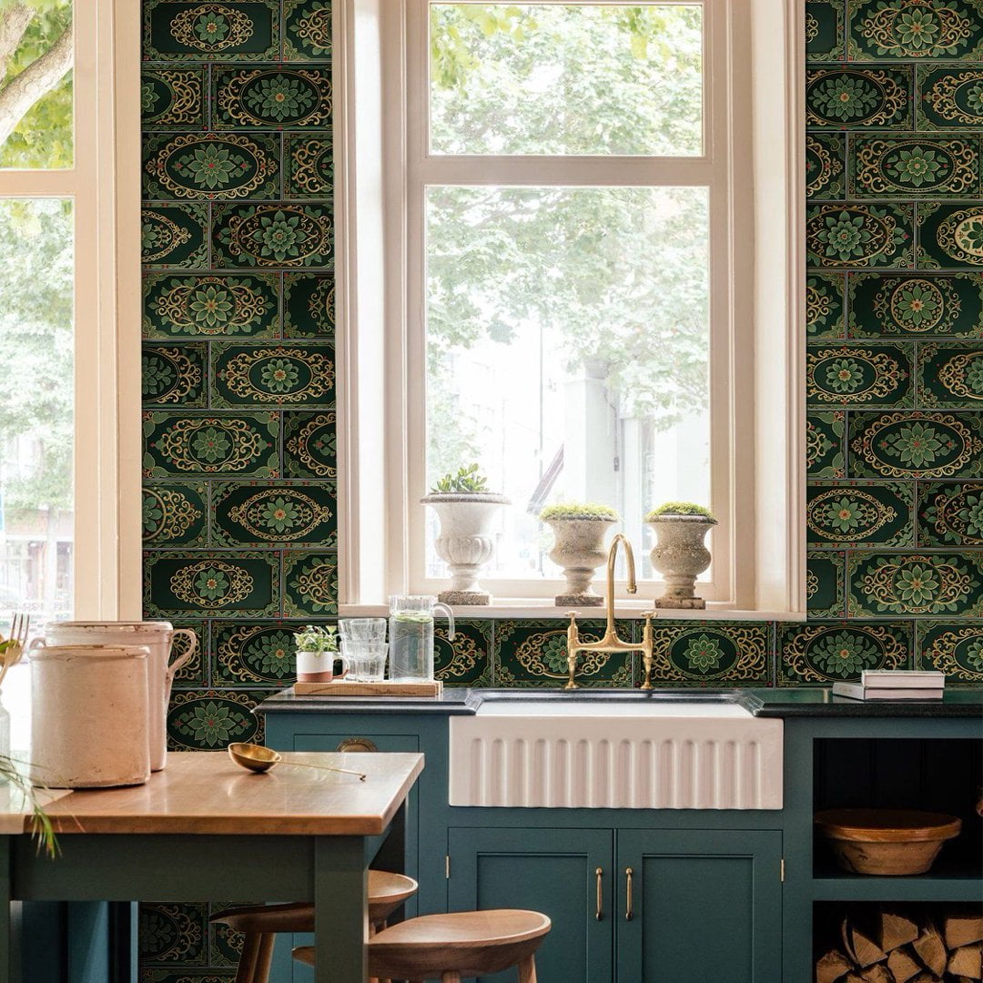 16Pcs Foaming Board Vinyl Tiles Stickers Wall Decals 8" x 4" Green Gold Flowers Pattern Waterproof Peel and Stick Backsplash Mural