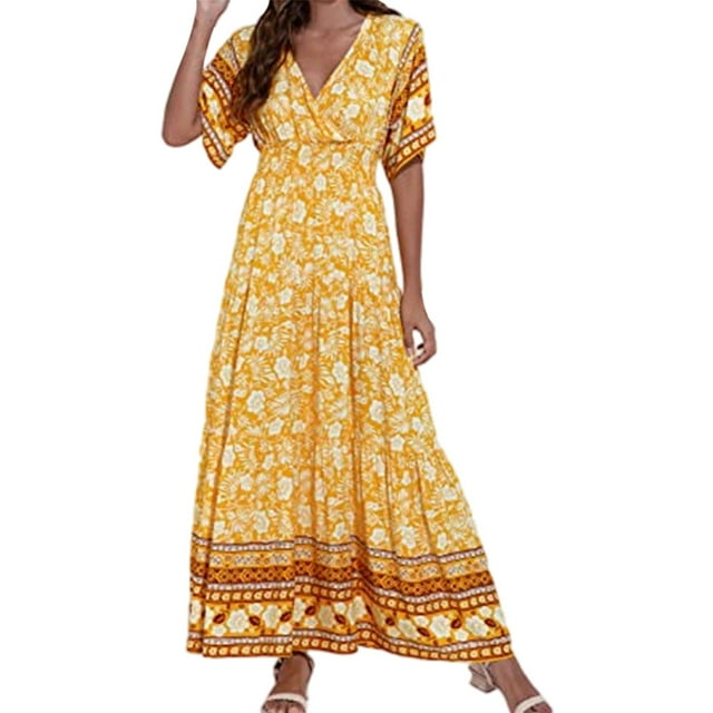 WILLBEST Robes pour Femmes Robe Décontractée pour Femmes Été Col en V Dentelle Florale Manches Longues Légère Robe de Plage pour Usage Quotidien et