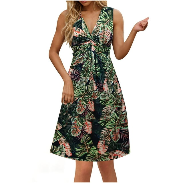 Robes Décontractées de Plage Tropicales Hawaïennes Froncées Bleu Royal Foncé pour Femmes Été Automne Sans Manches Manches Courtes Col Ras du Cou Col en V Graphique Midi Mini Courtes Longueur Genou Robes Dames 2025 S
