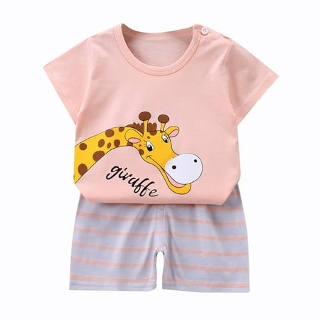 

VERUGU Toddler Suit Toddler Kids Baby Boys Girls Fashion Cute Short Sleeve Cartoon Print Casual Suit Pink