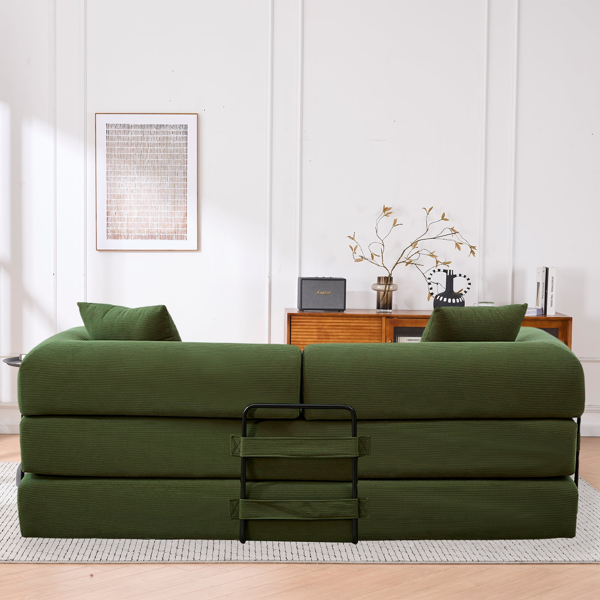 Leumius 4‑in‑1 Futon Sofa Bed,Modular Corduroy Sofa Couch with Fixed-Shape Frame & Removable Armrests,Folding Mattress Couch for Living Room, Office, Apartment,Green
