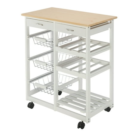 Polymer Cabinets For Outdoor Kitchens Kitchen Carts, Microwave Oven Stand Storage Cart on Wheel with 2 Drawers, 3 Metal Baskets, 3 Shelf Panels, Microwave Cabinet with Storage, Rustproof Pine and PVC Panels Bakers Rack, Q3486 ()