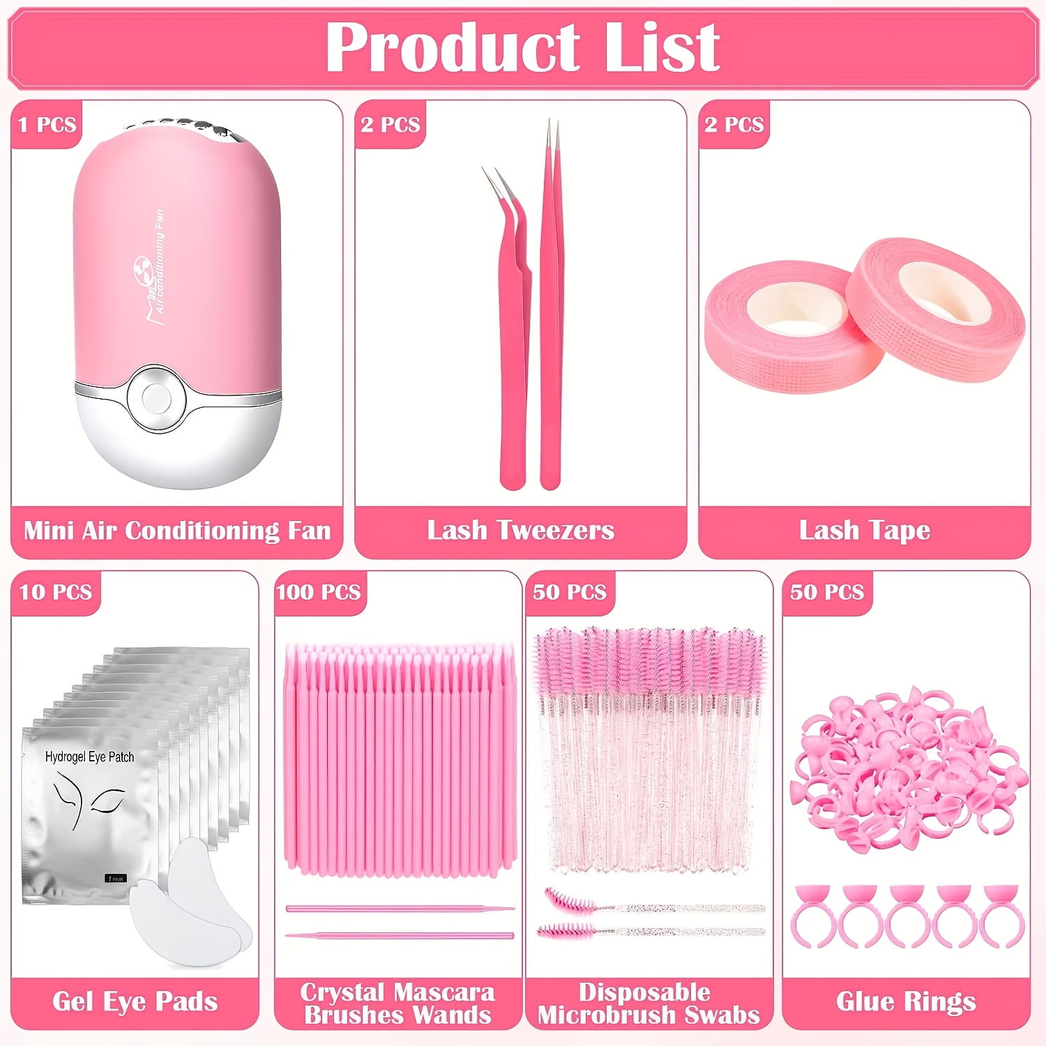 This eyelash extension kit is perfect for beginners and includes a USB air-conditioned hair dryer, 2 eyelash tweezers, 100 eyelash swabs, 50 eyelash brushes, 50 eyelash curlers, 2 rolls of tape, and