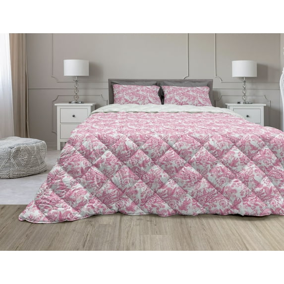 Flowers Comforter & Sham Bedding Set, Print of Floral Themed Pinkish Paisley Pattern from Abstract Garden Leafy Ornaments, 3 pcs Duvet Set Microfiber Filling Quilt, 5 Sizes, Pink, by Ambesonne