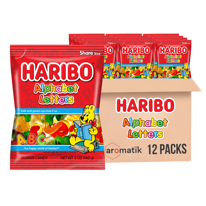 HARIBO Gummi Candy Alphabet Letters | 5-Ounce Bags, Pack of 12 | Fun and Fruity Gummy Candy | Ships in an Aromatik™ Damage Proof Box