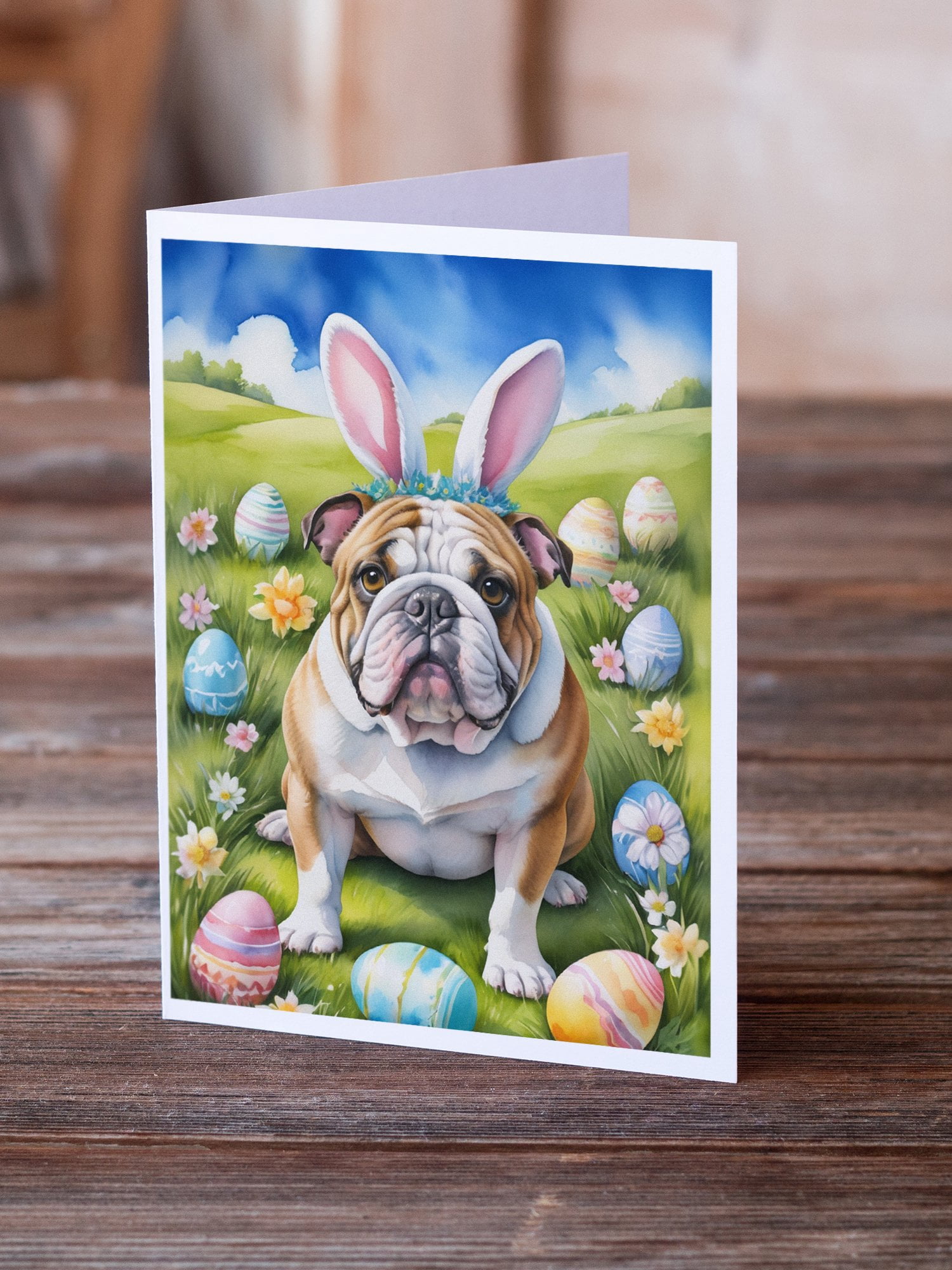 English Bulldog Easter Egg Hunt Greeting Cards Pack of 8 7 in x 5 in