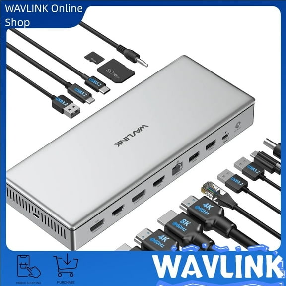 WAVLINK USB C DisplayLink (DL7400) Premium Docking Station, 2xHDMI and 2xDisplayPort, Dual 8K@60Hz,Quad 4K@60Hz for Windows 10/11 and Mac M1/M2/M3,100W PD Charging to Host, 2.5G Ethernet,USB C, SD4.0
