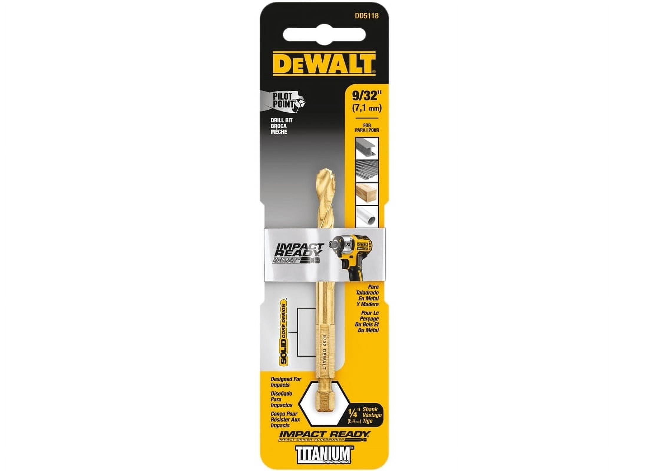 DEWALT DD5118 Impact Drill Bit, 9/32 in Dia, 3-1/2 in OAL, Spiral Flute, 1/4 in Dia Shank, Hex Shank Titanium