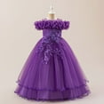 thumbnail image 2 of Wdgfv Elegant Off Shoulder Girls Dresses Tutu Skirt For Wedding Party Pageant Casual Wear Floral Appliques Gown Ages 7-12 Dark Purple 9 Years, 2 of 9
